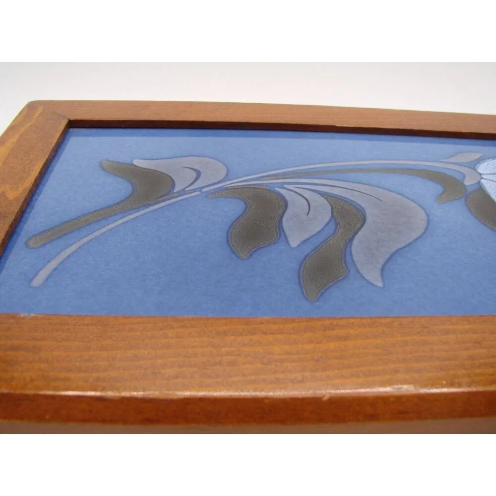 Wooden Jewelry Trinket Box Blue Flower Rose Design Enamel Inlay Hinged 9.5x5.5